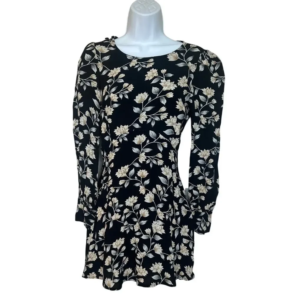 Flynn Skye Black Floral Mini Dress SMALL Work Career Long Sleeve Designer $172